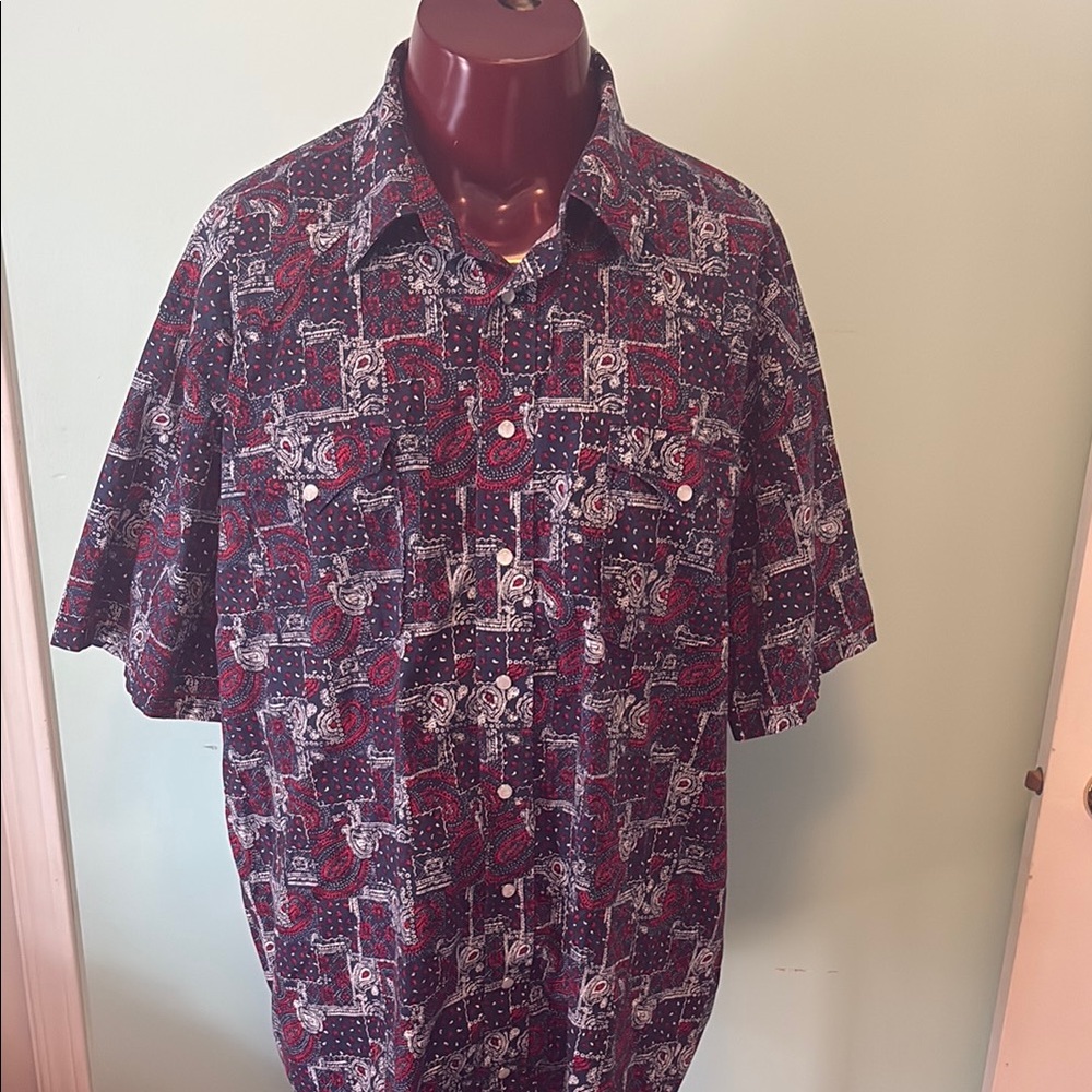 Red and Blue Casual Button Down Shirt with Geometric Pattern